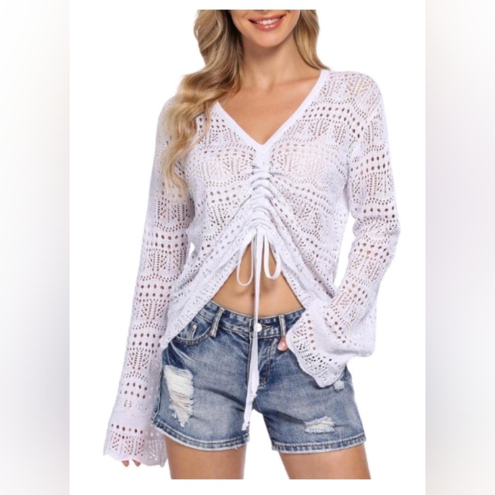 New with tags! Womens Medium Chic White Crochet cut out drawstring sweater